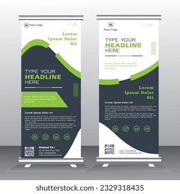 Roll up banner template design for  business, modern x-banner with blue, green and ash, and standees banner advertising. Vertical banner template illustration welcome banner