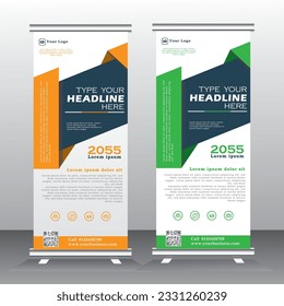 Roll up banner template design for  business, modern x-banner with green and yellow , Bussiness standees banner advertising. vertical banner template illustration, welcome banner