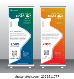 Roll up banner template design for  business, modern x-banner with yellow, blue, brown and green, vertical standees banner advertising. roll up vector banner template illustration