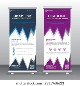 roll up banner template design for  business, modern x-banner with  blue and purple vertical standees banner advertising. roll up vector banner template illustration
