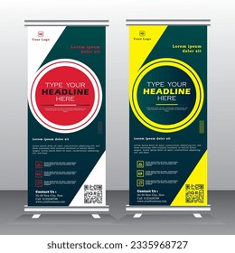 roll up banner template design for  business, modern x-banner with  red and yellow, vertical standees banner advertising. roll up vector banner template illustration
