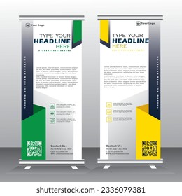 Roll up banner template design for  business, modern x-banner with green and yellow , Bussiness standees banner advertising. vertical banner template illustration, welcome banner