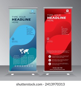Roll up banner template design for business, modern x-banner with blue and red color, standees banner advertising. Vertical banner template illustration