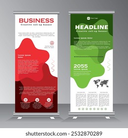 Roll up banner template design for business, modern x-banner with red and green and standees banner advertising. Vertical banner template illustration.