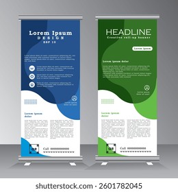 Roll up banner template design for business, modern x-banner with green and blue, vertical banner template, standees banner advertising. roll up vector banner template illustration