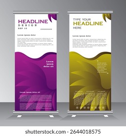 roll up banner template design for business, modern x-banner with yellow and purple, vertical standees banner advertising. roll up vector banner template illustration