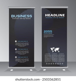 roll up banner template design, roll up banner design template with dark black and blue shadow, Vertical banner template, pull up, sandees, for event, project, exhibition, conferance, company,