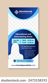 Roll up banner template design, educational and entertaining event poster on vertical layout, advertisement, pull up, curve background. multicolor blue gradient on element and background. photo space