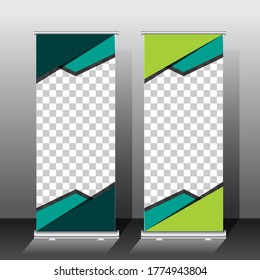 roll up banner template design. green color scheme. for presentation or promotion with space image. vector illustration.