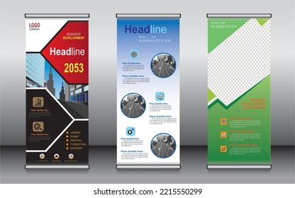 Roll up banner template design, banner, layout, advertisement, pull up, polygon background, vector illustration, business flyer, display, x-banner, flag-banner, Info graphics, presentation.