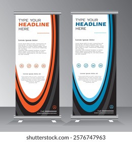 Roll up banner template design, roll up banner layout, advertisement, pull up, background, vertical vector banner with blue and orange colour, business presentation.