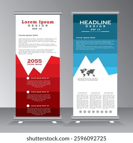 Roll up banner template design, roll up banner layout, advertisement, pull up, background, vertical vector banner with red and blue colour, business presentation. vector eps 10