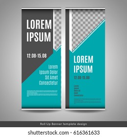 Roll Up banner template design with place for your photo. Stock vector.
