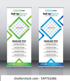 Roll Up Banner Template Design, Pull Up Banner, Corporate Vertical Banner, Green And Blue