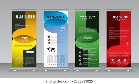 Enrolle el sistema del diseño de la Plantilla del Anuncio para el negocio, moderno x-Anuncio con la publicidad azul, amarilla, roja y verde del Anuncio de los standees. Vertical Anuncio Plantilla ilustración