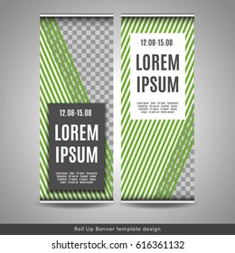 Roll Up banner template design with striped background. Stock vector.