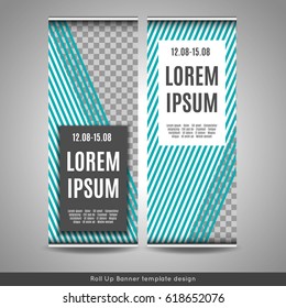Roll Up banner template design with striped background. Stock vector.