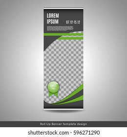 Roll Up banner template design with triangles pattern. Stock vector.