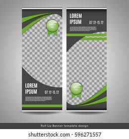 Roll Up banner template design with triangles pattern. Stock vector.