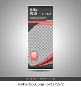 Roll Up banner template design with triangles pattern. Stock vector.