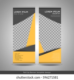 Roll Up banner template design with triangles pattern. Stock vector.