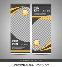 Roll Up banner template design with triangles pattern. Stock vector.