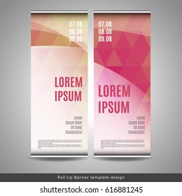 Roll Up banner template design with triangles background. Stock vector.