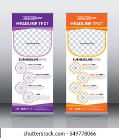 Roll up banner template design vector, brochure flyer background, modern x-banner, corporate vertical banner, Pull up banners, flag-banner, Violet and Orange, layout in rectangle size.
