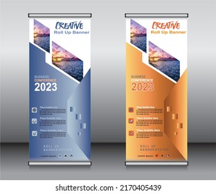 Roll up banner template design,banner layout, advertisement, pull up, polygon background.