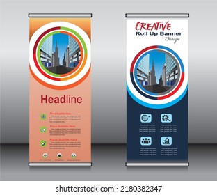 Roll up banner template design,banner layout, advertisement, pull up, polygon background.