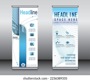 Aufrollen von Bannervorlagendesign, Bannerlayout, Werbung, Aufziehen, mehrsprachiger Hintergrund.