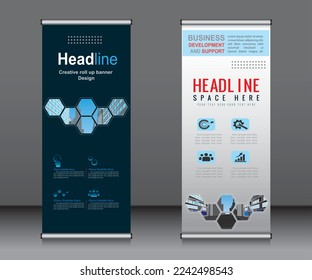 Aufrollen von Bannervorlagendesign, Bannerlayout, Werbung, Aufziehen, mehrsprachiger Hintergrund.
