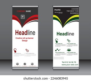 Aufrollen von Bannervorlagendesign, Bannerlayout, Werbung, Aufziehen, mehrsprachiger Hintergrund.