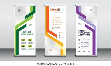 Design de modelo de banner de enrolar, layout de banner, anúncio, puxar para cima, fundo de polígono, ilustração de vetor, folheto de negócios, exibição, x-banner, bandeira-banner, gráficos de informação, apresentação.