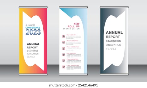 Design de modelo de banner de enrolar, layout de banner, anúncio, puxar para cima, fundo de polígono, ilustração de vetor, folheto de negócios, exibição, x-banner, bandeira-banner, gráficos de informação, apresentação.