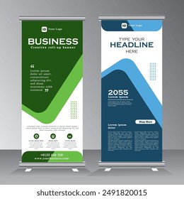 roll up banner template, green and blue vertical banner design, industrial, company, template, vector, abstract, line pattern background, modern x-banner, pull-up banner, rectangle size banner.