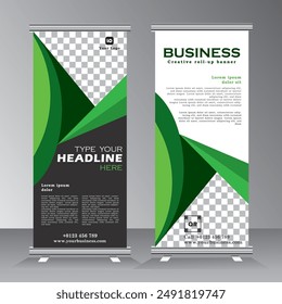 Rollup Banner Vorlage, Grün vertikalen Banner Design, Industrie, Unternehmen, Vorlage, Vektorgrafik, abstrakt, Linienmuster Hintergrund, moderne X-Banner, Pull-up-Banner, Rechteck-Größe Banner.