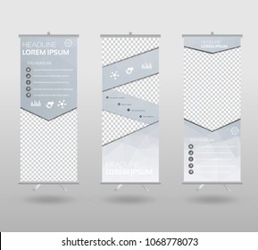 Roll Up Banner template and info graphics stand design, advertisement, display, business flyer, polygon background. vector illustration. 