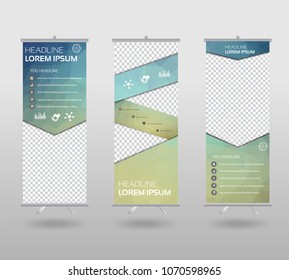Roll Up Banner template and info graphics stand design, advertisement, display, business flyer, polygon background. vector illustration. 