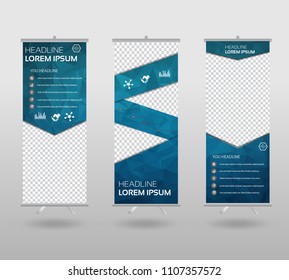 Roll Up Banner template and info graphics stand design, advertisement, display, business flyer, polygon background. vector illustration. 