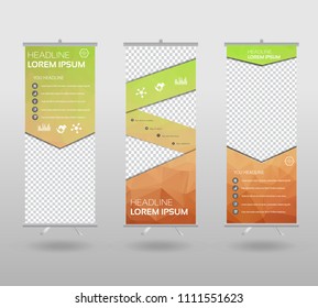 Roll Up Banner template and info graphics stand design, advertisement, display, business flyer, polygon background. vector illustration. 