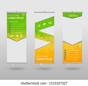 Roll Up Banner template and info graphics stand design, advertisement, display, business flyer, polygon background. vector illustration. 