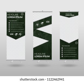 Roll Up Banner template and info graphics stand design, advertisement, display, business flyer, polygon background. vector illustration. 