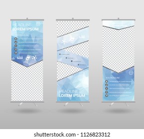 Roll Up Banner template and info graphics stand design, advertisement, display, business flyer, polygon background. vector illustration. 