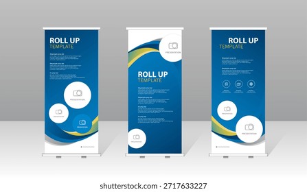 Roll up conjunto de modelos de banner com design de onda abstrata, exposição de stand corporativo moderno para apresentação de negócios, estande de exposição, promoção de marketing, fundo de publicidade. garantindo uma forte presença visual em qualquer configuração ou evento.
