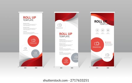 Roll-up Banner-Template-Set mit abstraktem Wellendesign, modernem Corporate Stand-Display für Business-Präsentation, Messestand, Marketing-Promotion, Werbe-Hintergrund. Gewährleistung einer starken visuellen Präsenz in jeder Umgebung oder Veranstaltung. Vektorgrafik
