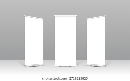Roll up banner template set with abstract wave design, modern corporate stand display for business presentation, exhibition booth, marketing promotion, advertising background. ensuring a strong visual presence in any setting or event. vector illustration