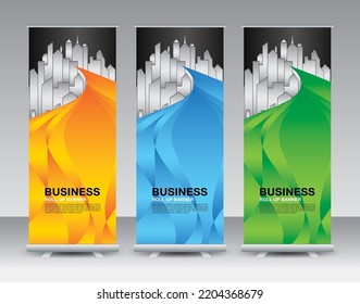 Roll Up banner template set, roll up banner design, banner stand or flag design, j-flag, x stand, x banner, exhibition show, Stand Design, poster, ads, geometric background template, vector