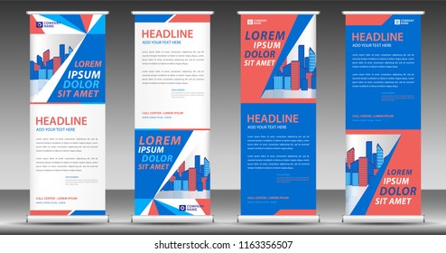 Roll up banner template, stand design, Pull up, display, advertisement, business flyer, poster, presentation, corporate, web banner layout, blue modern creative concept, city vector illustration