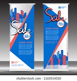 Roll up banner template, stand design, Pull up, display, advertisement, business flyer, poster, presentation, corporate, web banner layout, blue modern creative concept, city vector illustration